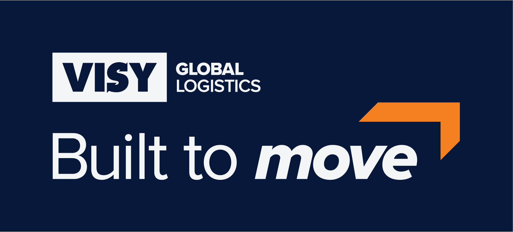 Visy Global Logistics and Built to Move logos on a navy background with an orange arrow on the right hand side above the word move