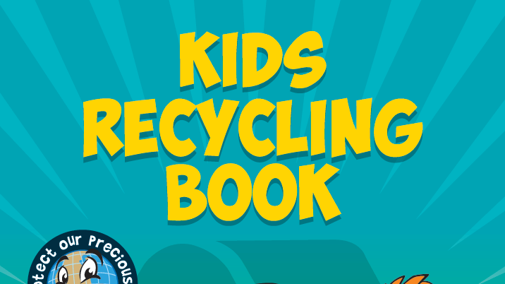 The front cover of an activity book titled 'Kids Recycling Book'. On the cover there is a bin with a yellow lid.