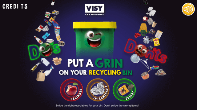 A recycling bin with icons of what can and can't go in the bin.