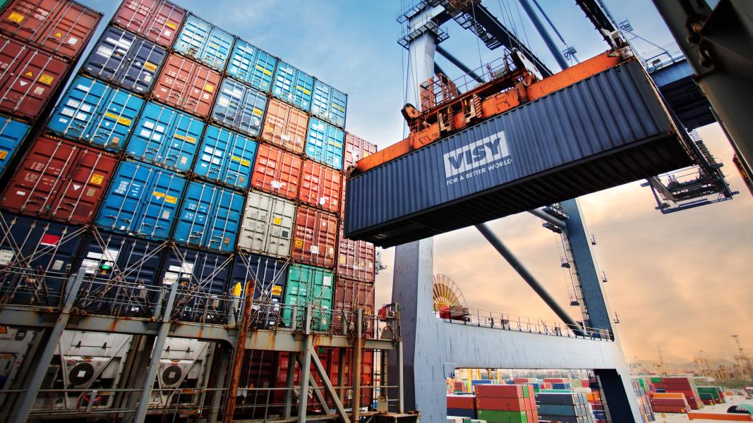 A Visy branded shipping container is being lifted by machinery with lots of other shipping containers in background