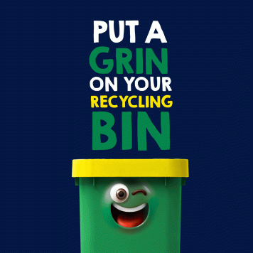 Graphic that reads 'Put a grin on your recycling bin' with a winking face on a yellow lidded recycling bin