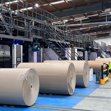 A series of brown rolls of paper sit in front of a large corrugator in an industrial facility